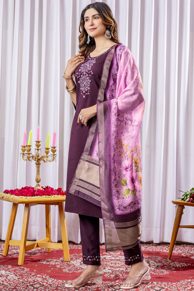 Wine Floral Embroidered Viscose Kurti Pant Set (iva-111-Wine)