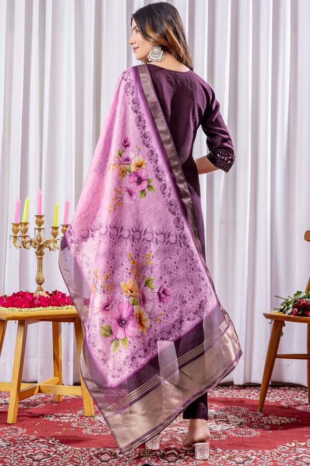 Wine Floral Embroidered Viscose Kurti Pant Set (iva-111-Wine)