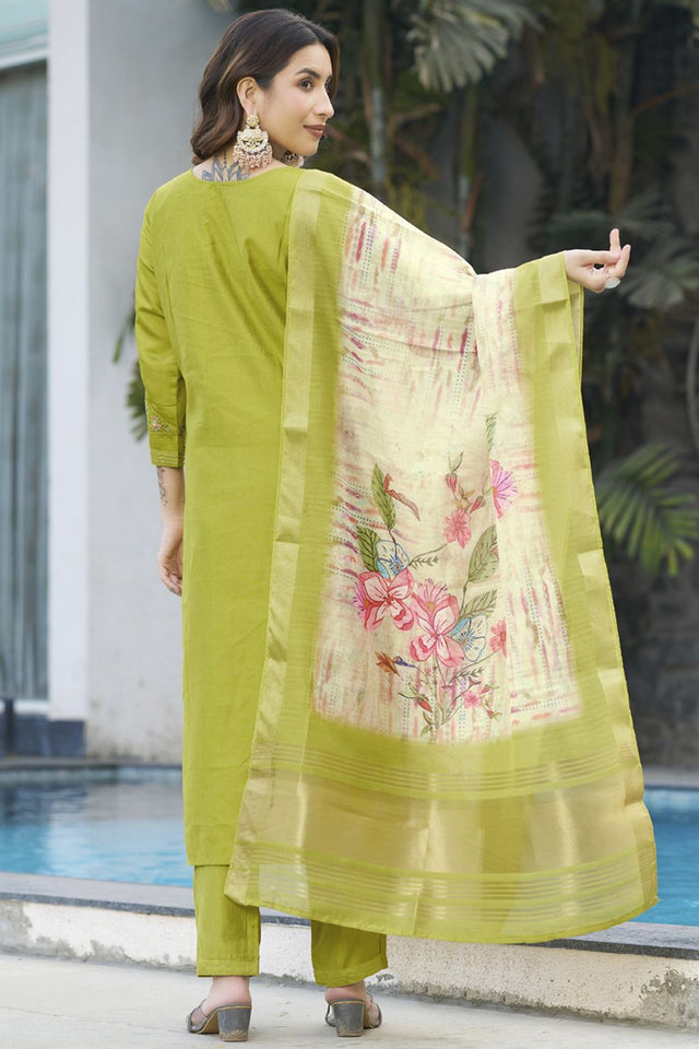 Dark Green Floral Embroidered Viscose Kurti Pant Set (iva-115-ParrotGreen)