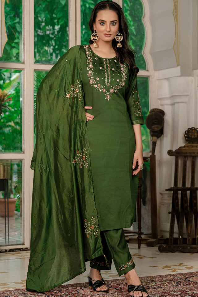 Dark Green Floral Embroidered Silk Kurti Pant Set (iva-116-MahendiGreen)