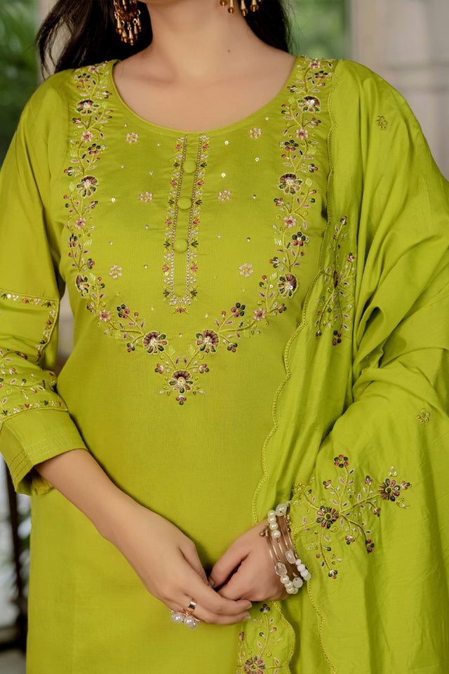 Dark Green Floral Embroidered Silk Kurti Pant Set (iva-116-ParrotGreen)