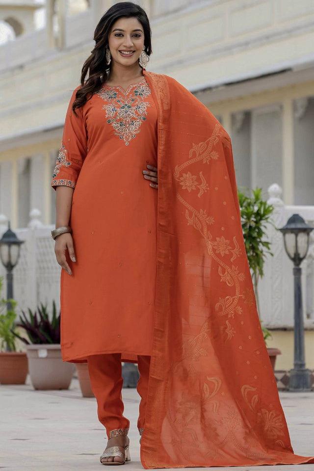 Orange Sequin with Embroidered Silk Kurti Pant Set (iva-121-Orange)