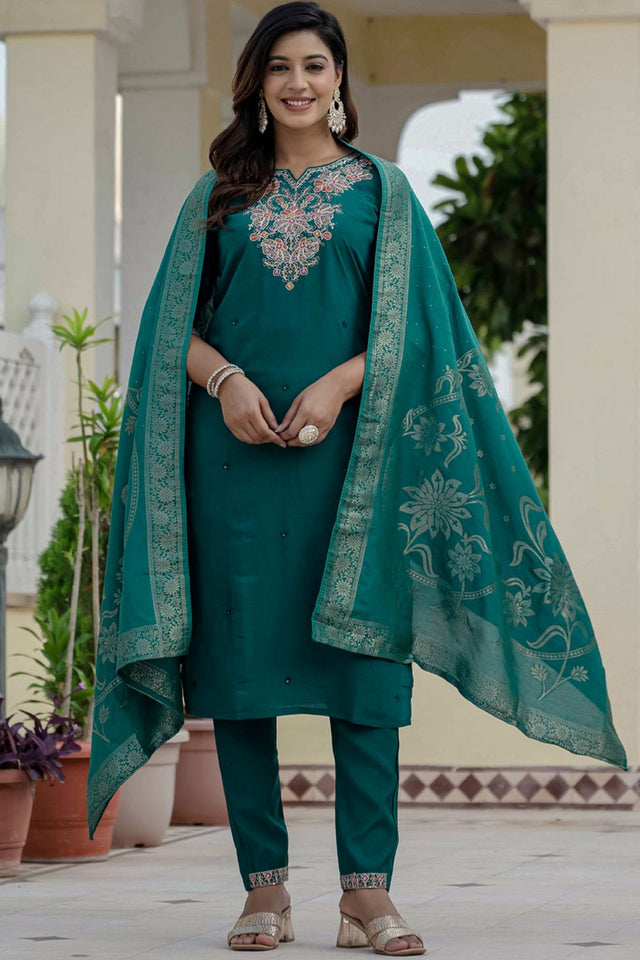 Green Sequin with Embroidered Silk Kurti Pant Set (iva-121-RamaGreen)