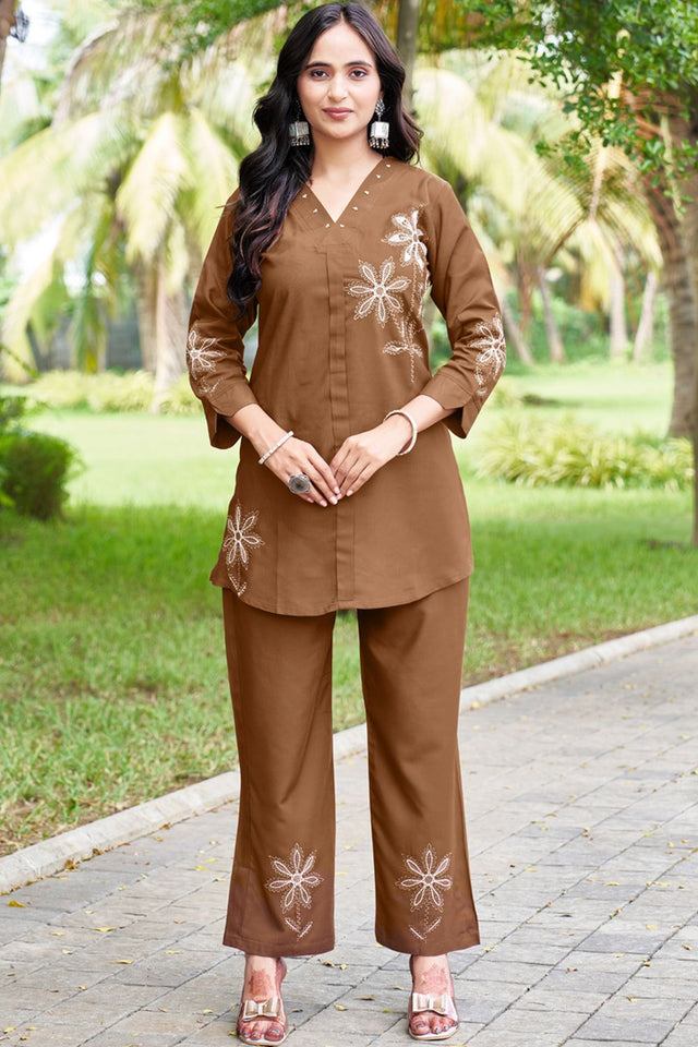Brown Floral Embroidered Rayon Co-Ord Set (iva-122-LightBrown)