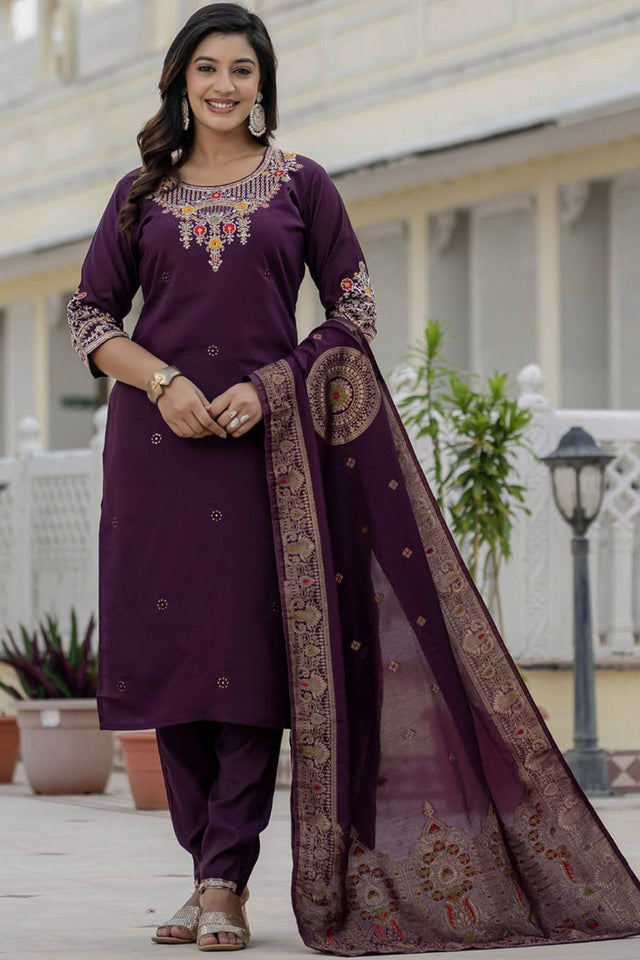 Wine Sequin with Embroidered Silk Kurti Pant Set (iva-125-Wine)