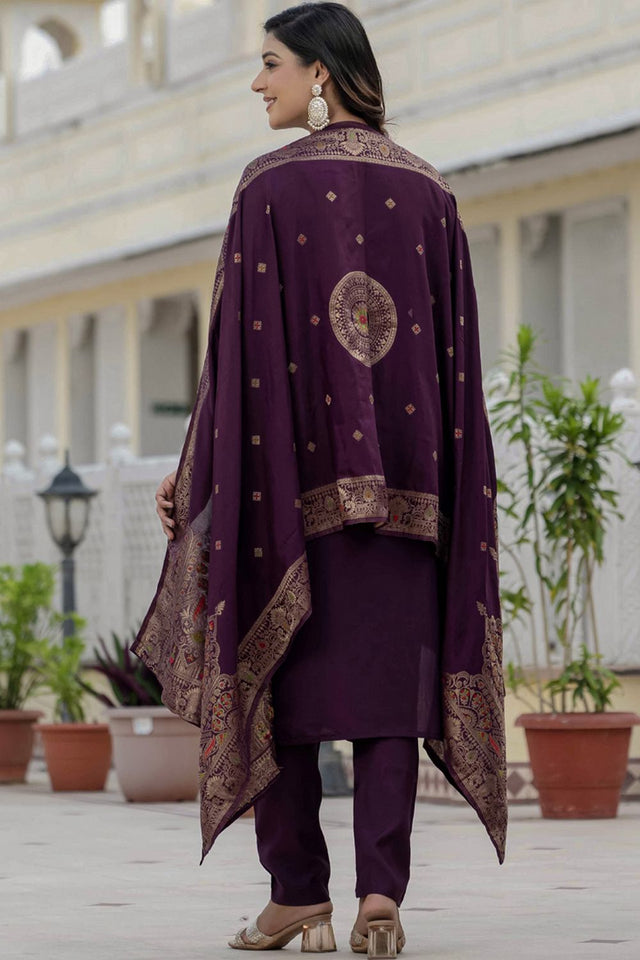 Wine Sequin with Embroidered Silk Kurti Pant Set (iva-125-Wine)