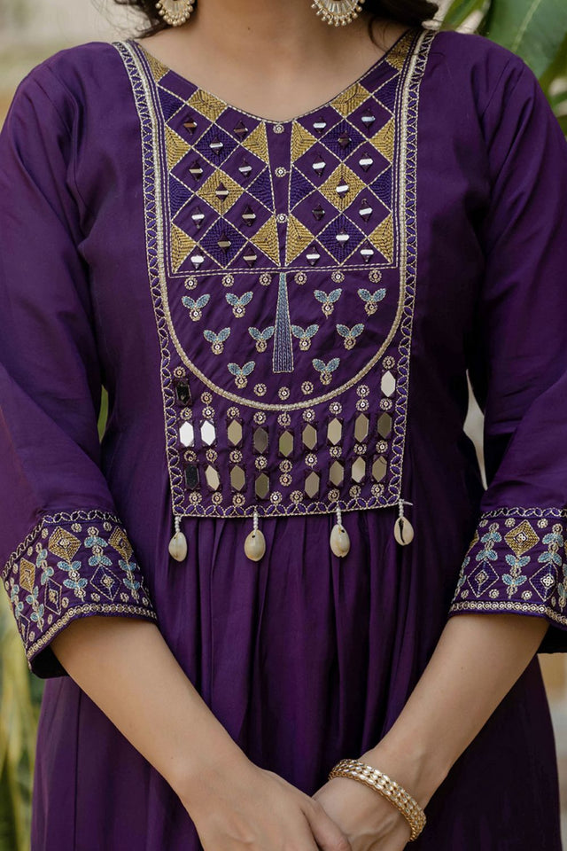 Violet Mirror Sequin Silk Kurti Pant Set (iva-126-Purple)