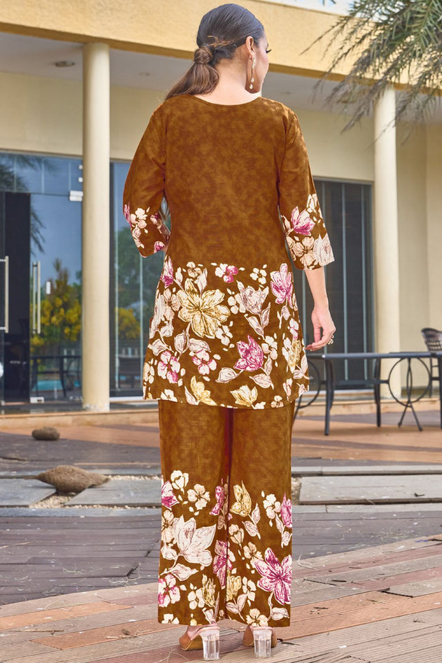 Brown Floral Printed Cotton Co-Ord Set (iva-128-LightBrown)