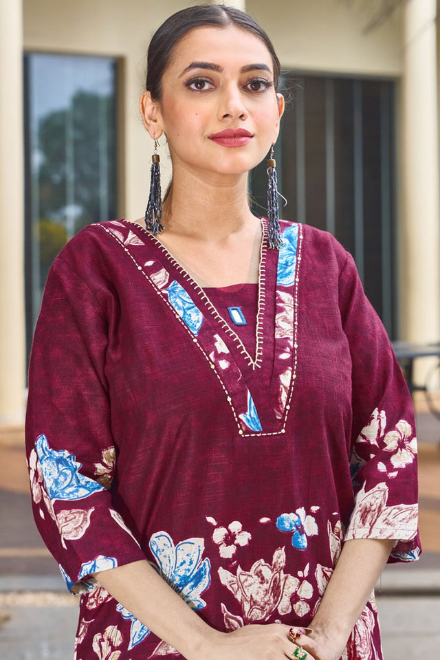 Wine Floral Printed Cotton Co-Ord Set (iva-128-Wine)
