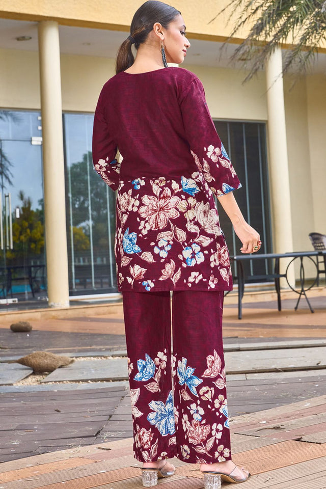 Wine Floral Printed Cotton Co-Ord Set (iva-128-Wine)