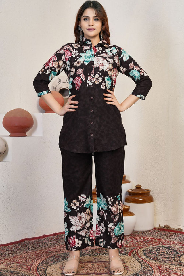 Black Floral Printed Cotton Kurti Pant Set (iva-129-Black)