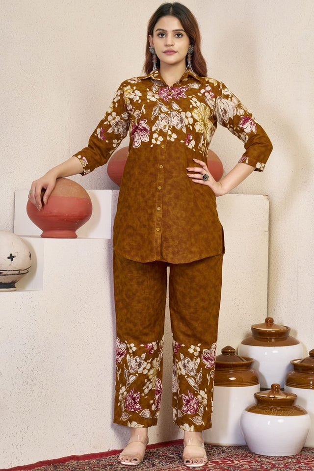 Brown Floral Printed Cotton Kurti Pant Set (iva-129-Brown)