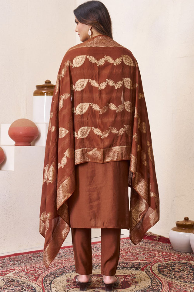Brown Sequin with Floral Embroidered Silk Kurti Pant Set (iva-135-Brown)