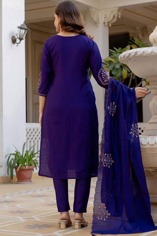 Violet Sequin with Floral Embroidered Viscose Kurti Pant Set (iva-144-Purple)