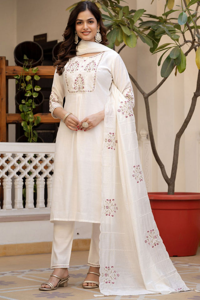 White Sequin with Floral Embroidered Viscose Kurti Pant Set (iva-144-White)