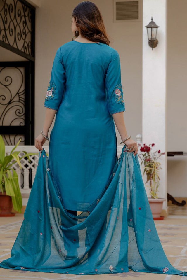 Turquoise Sequin with Floral Embroidered Viscose Kurti Pant Set (iva-145-Firozi)