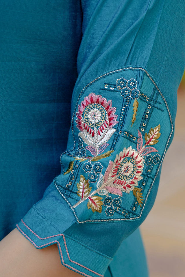 Turquoise Sequin with Floral Embroidered Viscose Kurti Pant Set (iva-145-Firozi)