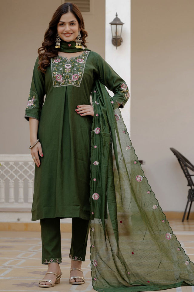 Green Sequin with Floral Embroidered Viscose Kurti Pant Set (iva-145-Green)