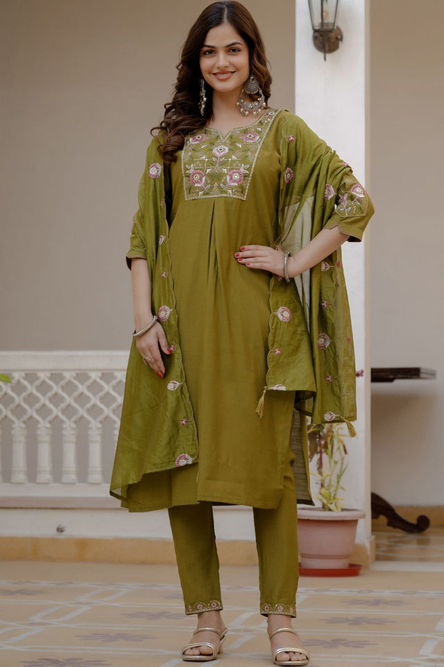 Dark Green Sequin with Floral Embroidered Viscose Kurti Pant Set (iva-145-MahendiGreen)