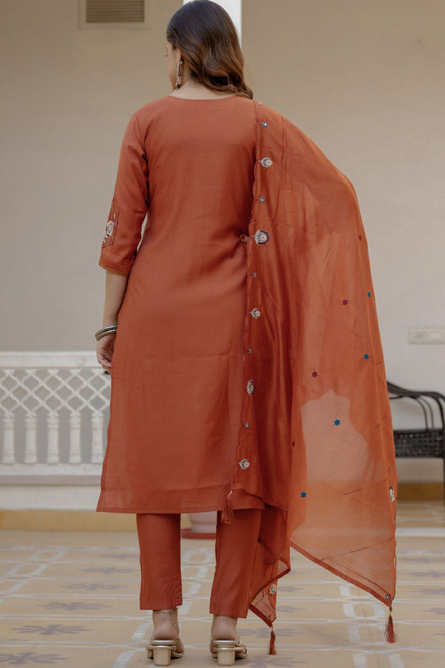 Brown Sequin with Floral Embroidered Viscose Kurti Pant Set (iva-145-Rust)