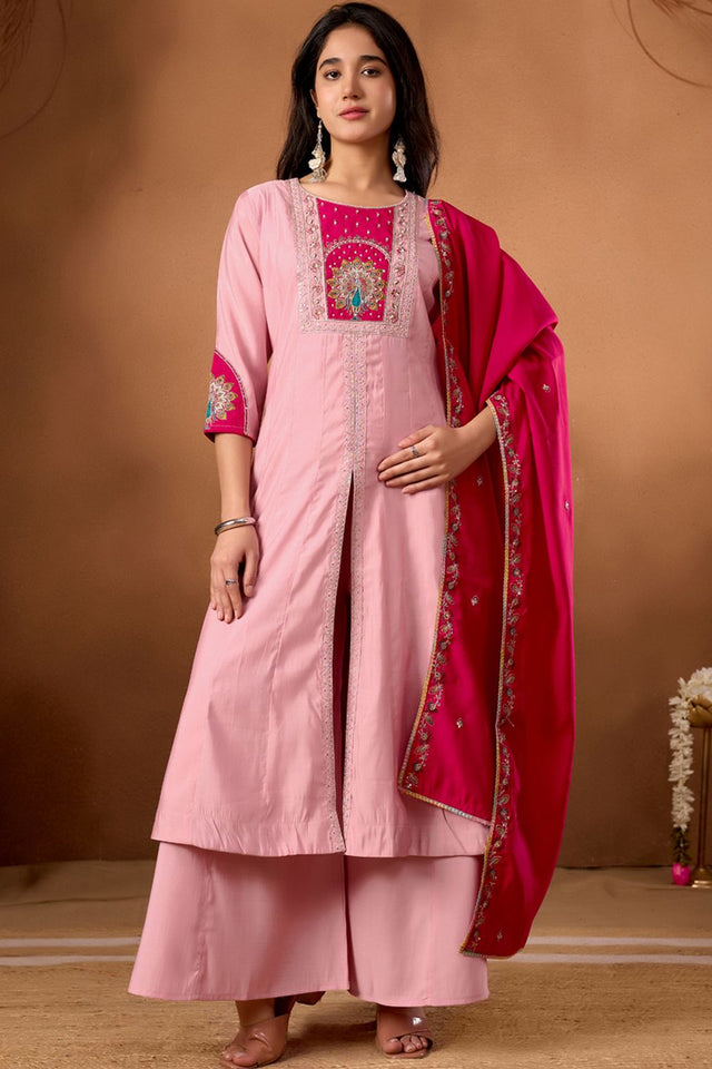 Pink Embroidered Silk Palazzo Suit (iva-150-LightPink)