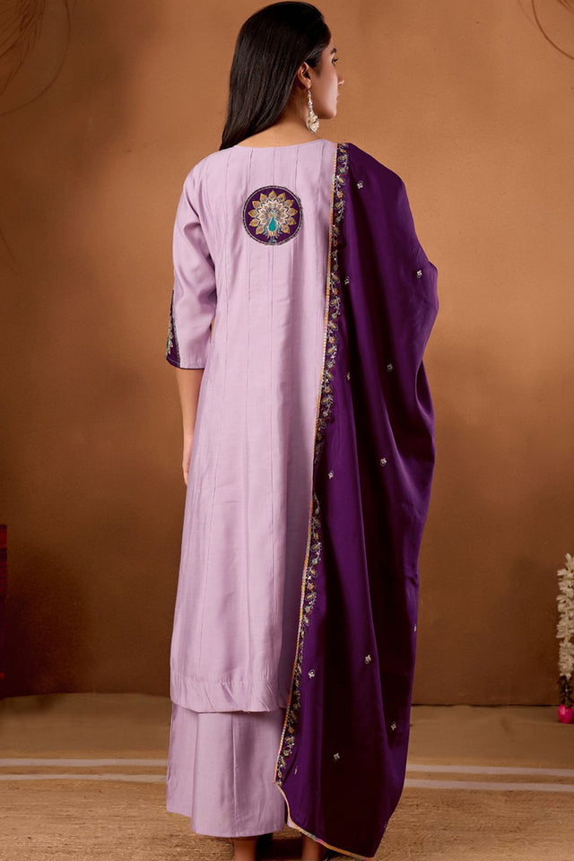 Lavender Embroidered Silk Palazzo Suit (iva-150-Lovender)