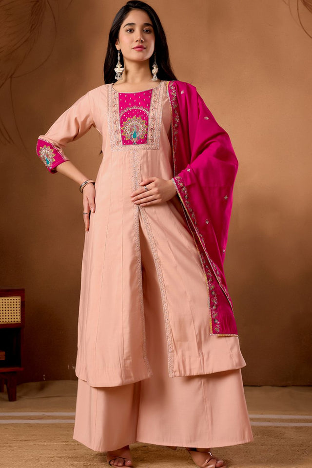 Peach Embroidered Silk Palazzo Suit (iva-150-Peach)