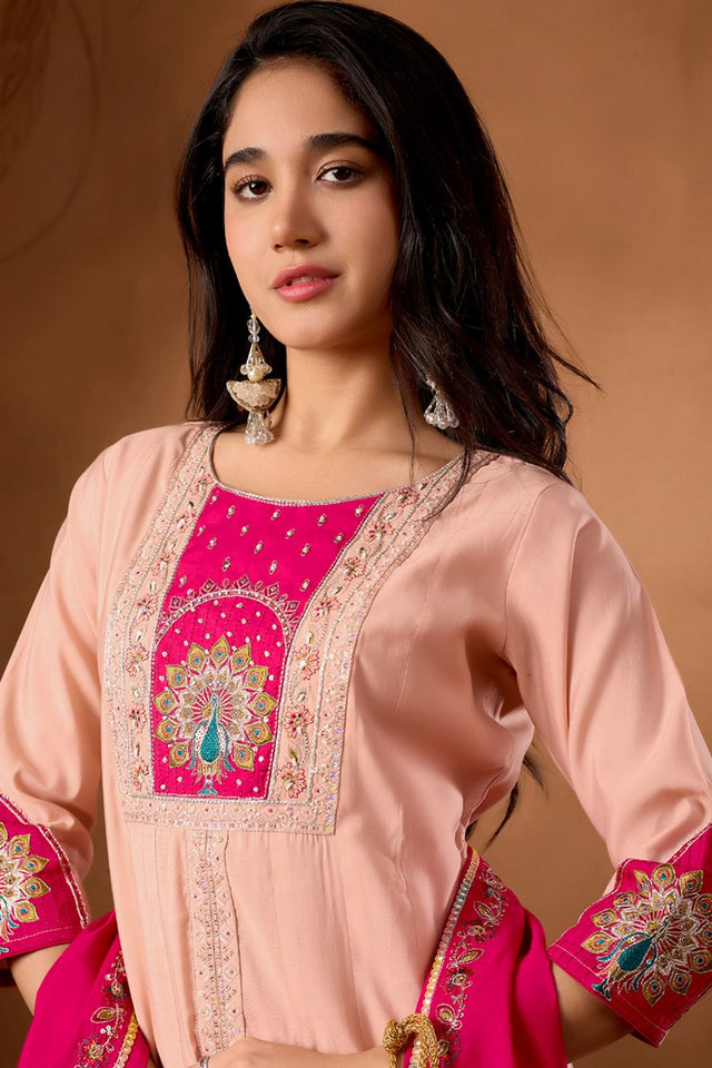 Peach Embroidered Silk Palazzo Suit (iva-150-Peach)
