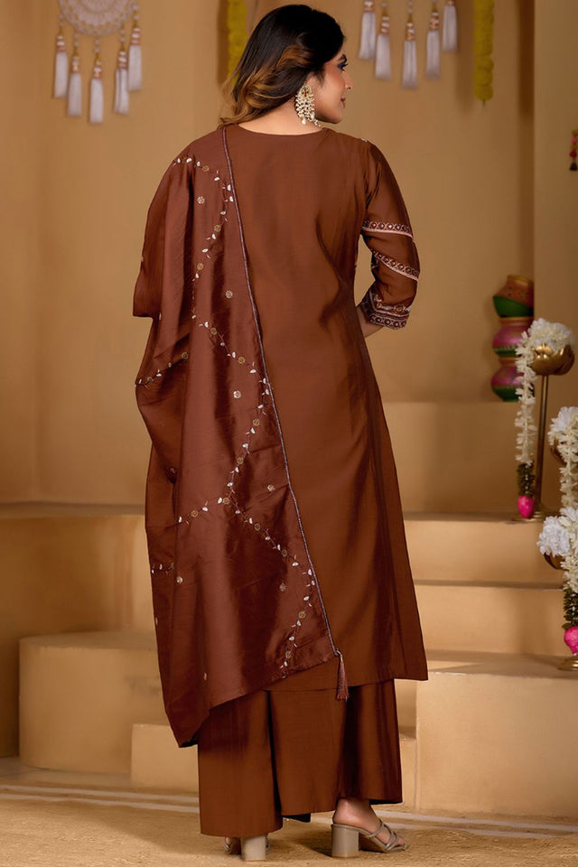 Brown Floral Embroidered Viscose Palazzo Suit (iva-151-Brown)