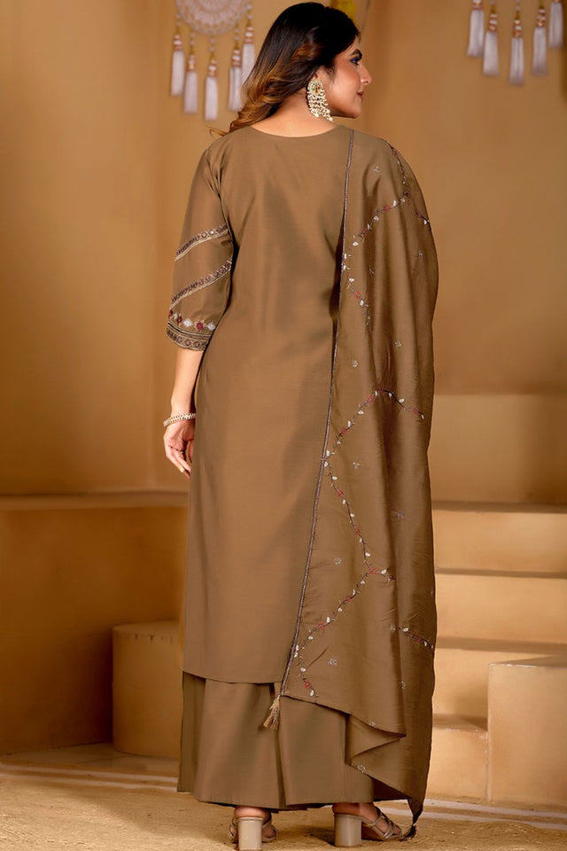 Brown Floral Embroidered Viscose Palazzo Suit (iva-151-Chiku)