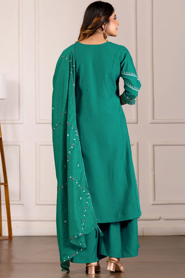 Turquoise Floral Embroidered Viscose Palazzo Suit (iva-151-RamaGreen)