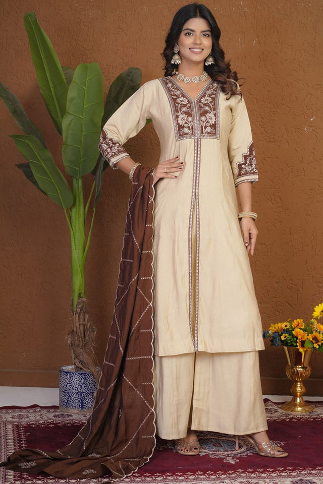 Cream Floral Embroidered Silk Palazzo Suit (iva-152-Cream)