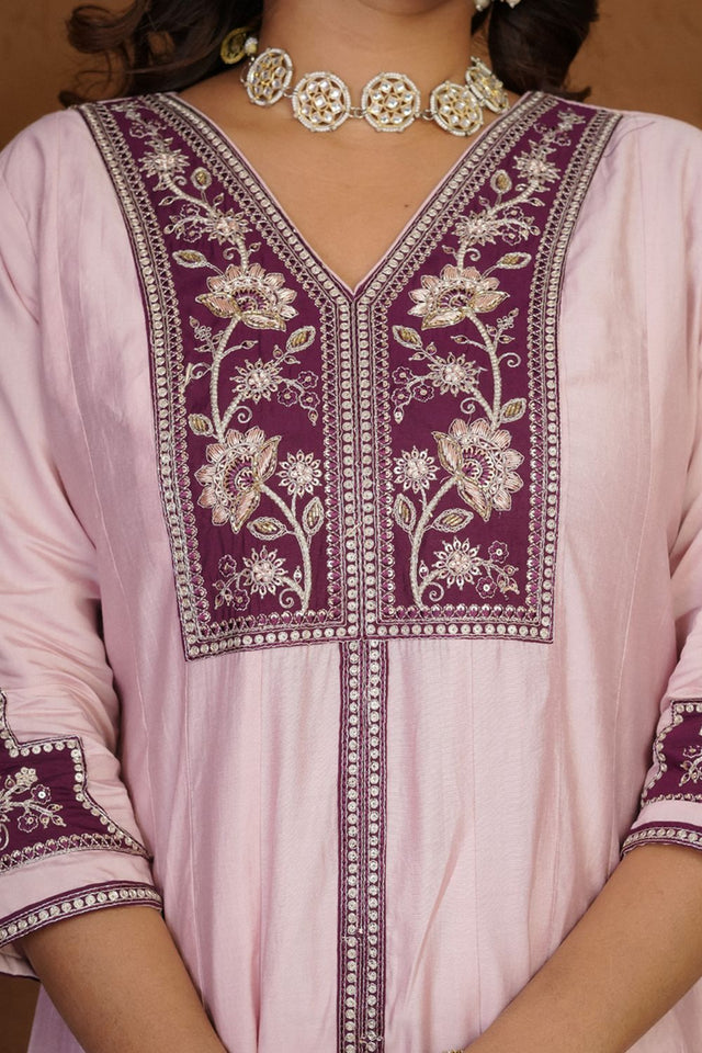 Pink Floral Embroidered Silk Palazzo Suit (iva-152-LightPink)
