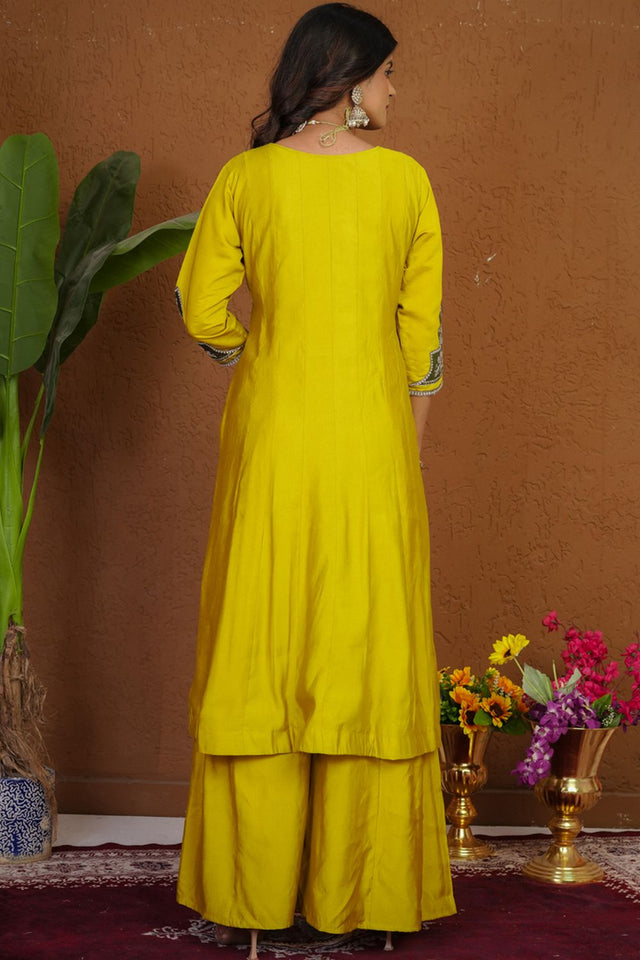 Mustard Floral Embroidered Silk Palazzo Suit (iva-152-Mustard)
