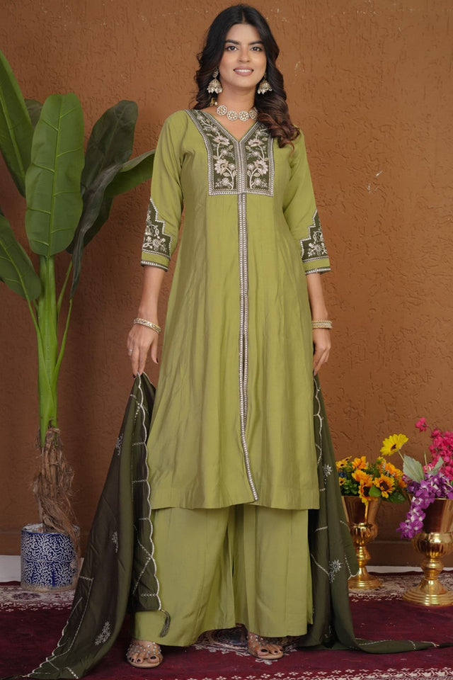 Green Floral Embroidered Silk Palazzo Suit (iva-152-Pista)