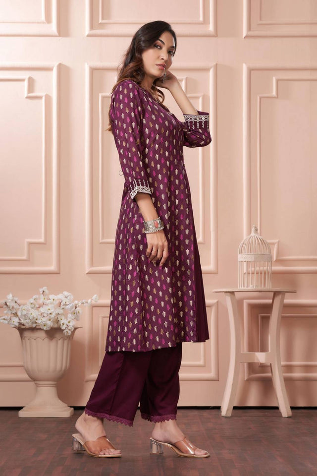 Wine Printed Rayon Kurti Pant Set