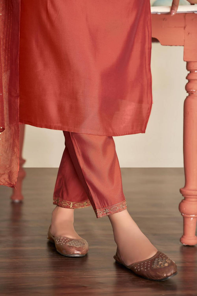Rust Solid Silk Kurti Pant Set