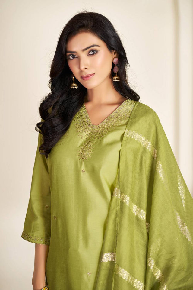Green Solid Silk Kurti Pant Set