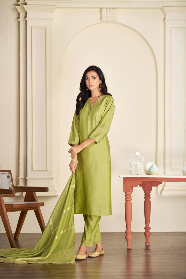 Green Solid Silk Kurti Pant Set
