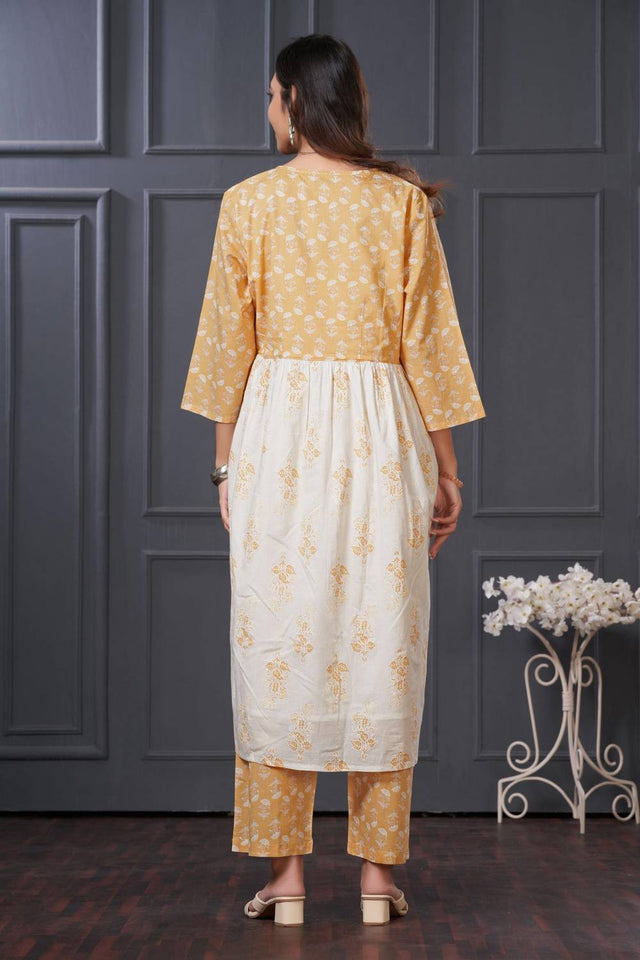 White Printed Cotton Kurti Pant Set