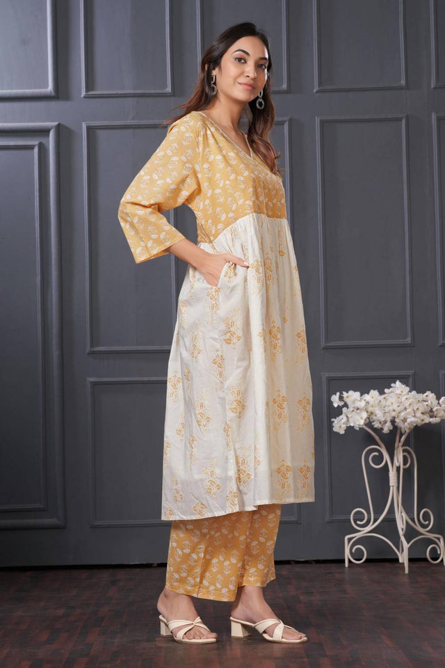 White Printed Cotton Kurti Pant Set