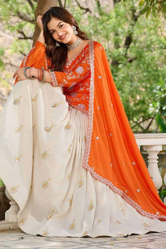 Orange Embroidered Art-Silk Lehenga (pc chakori-1011-a)