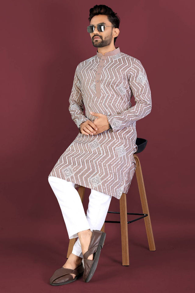 Mens Beige Embroidered Silk Kurta Pajama Set