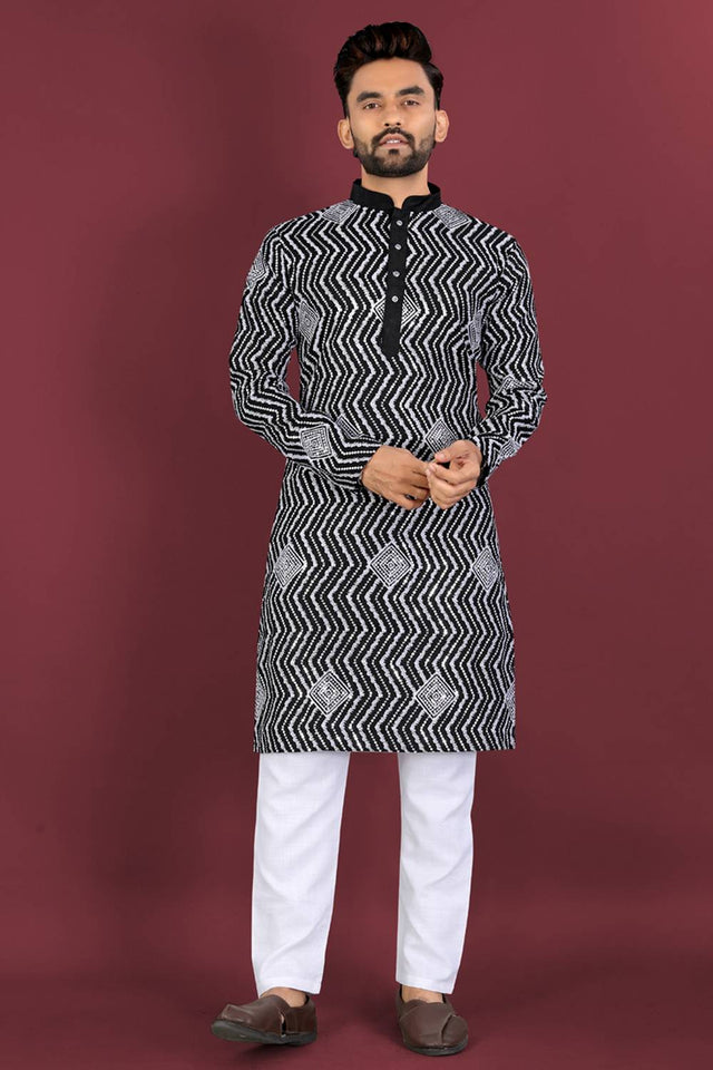 Mens Black Embroidered Silk Kurta Pajama Set
