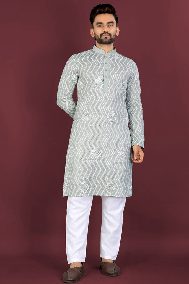 Mens Grey Embroidered Silk Kurta Pajama Set