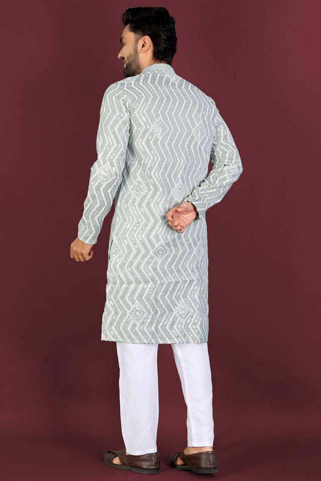 Mens Grey Embroidered Silk Kurta Pajama Set