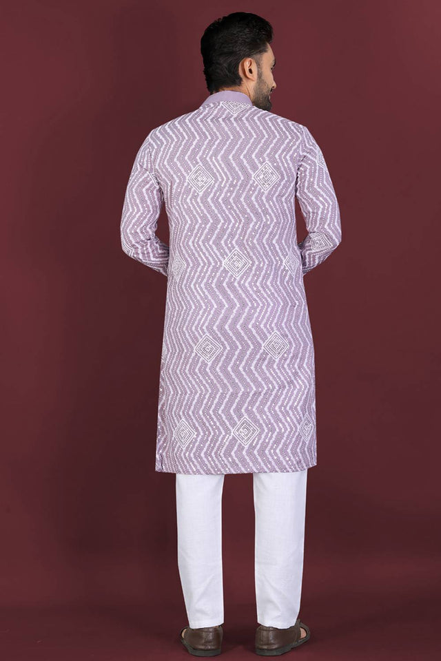 Mens Lavender Embroidered Silk Kurta Pajama Set