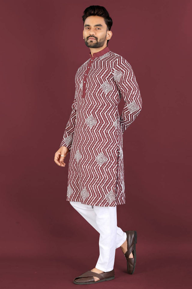 Mens Maroon Embroidered Silk Kurta Pajama Set