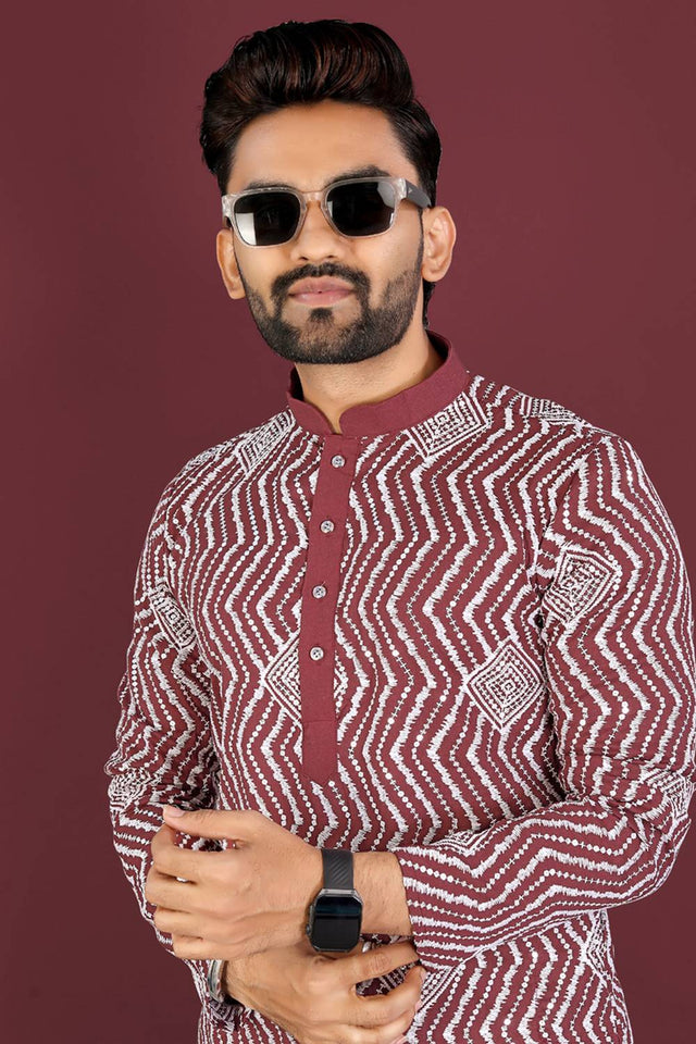 Mens Maroon Embroidered Silk Kurta Pajama Set