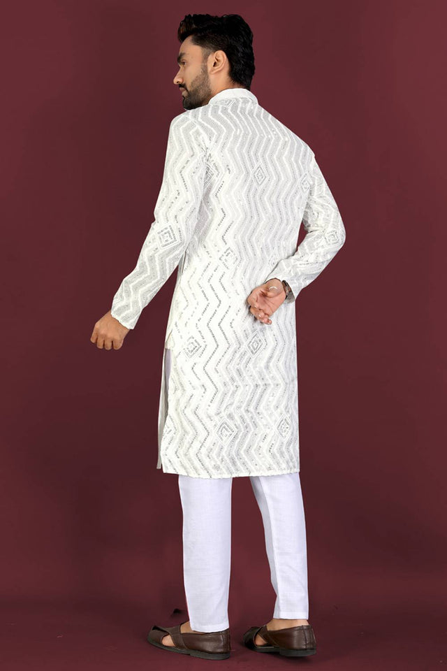 Mens Off White Embroidered Silk Kurta Pajama Set